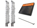 Gallagher S120 Solar panel, stakes, and poultry netting on a white background with ground rod