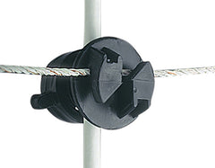 Black Gallagher electric fence insulator with screw on holding a wire against a white background